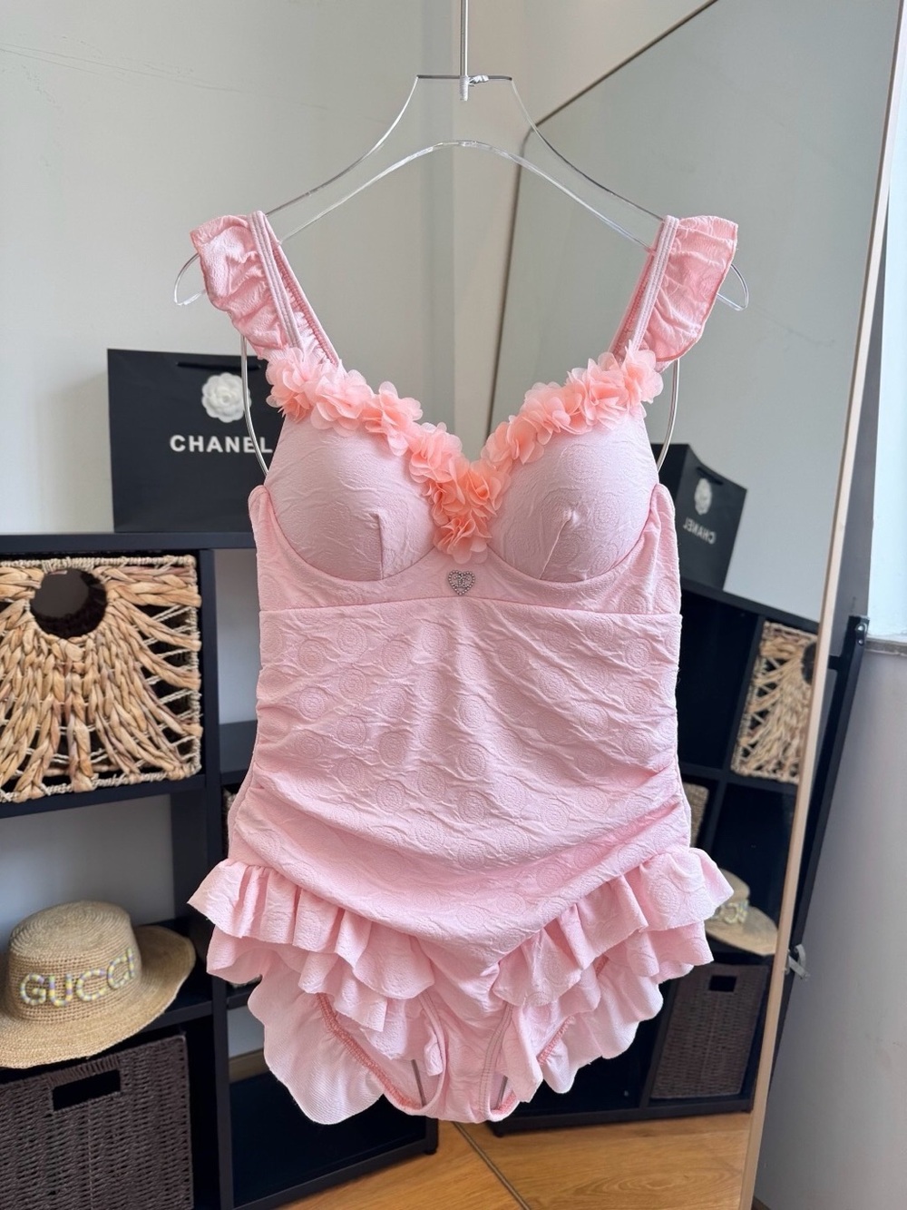 Ruffled Pink Floral-Trim One-Piece Swimsuit